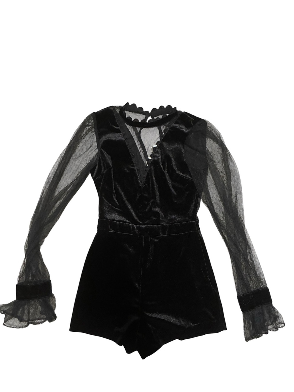 Endless Rose Black Velvet & Sheer Long-Sleeve Romper